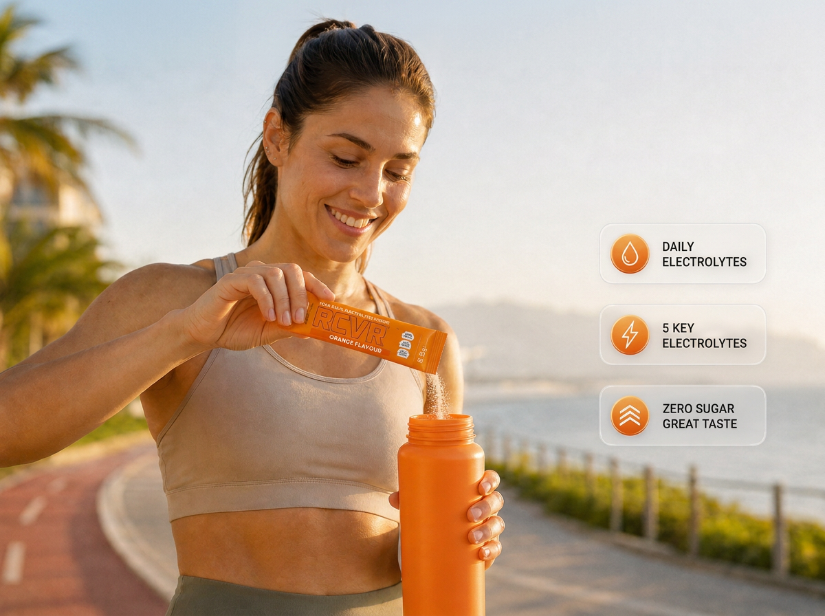 Athlete pouring an RCVR orange electrolyte sachet into a bottle — daily electrolytes, 5 key electrolytes, zero sugar